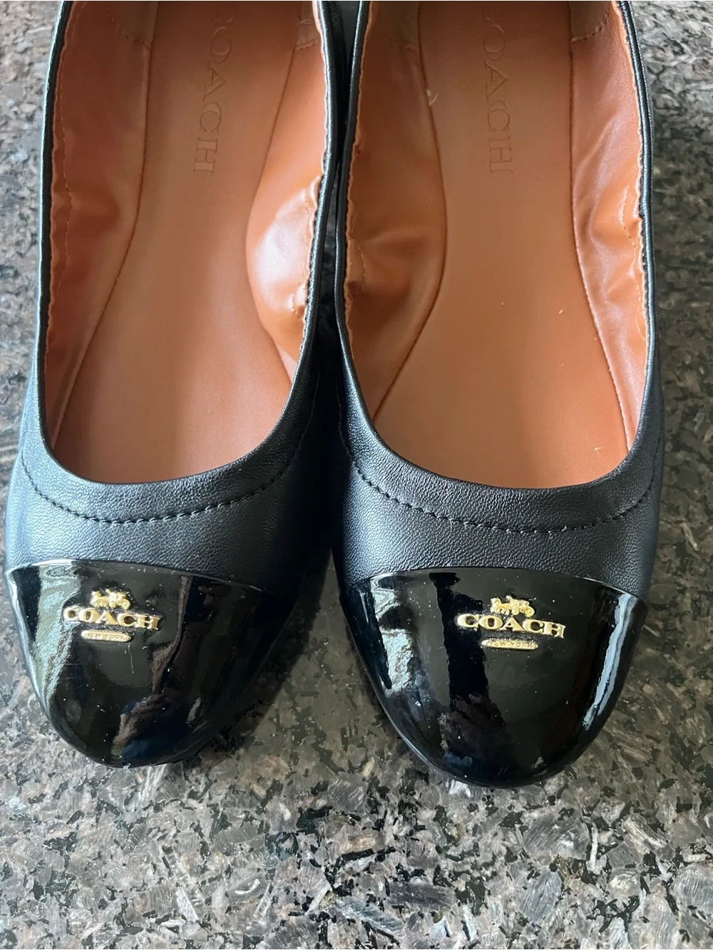 Coach Black Leather Ballet Flats with Patent Black Toe and Gold Logo. Sz: 7B